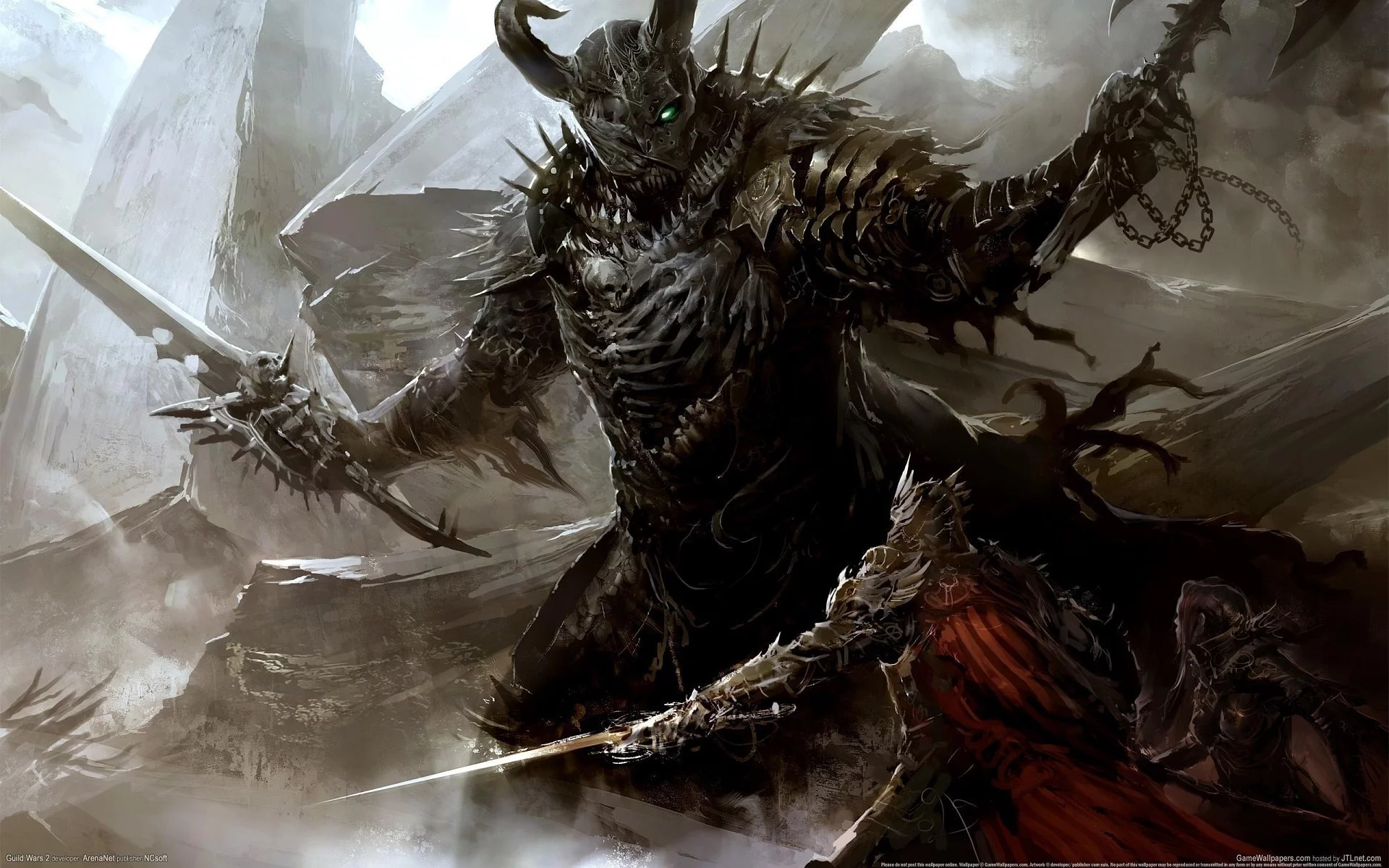 guild wars 2, шлем, бой, доспехи, плащ, рога, меч