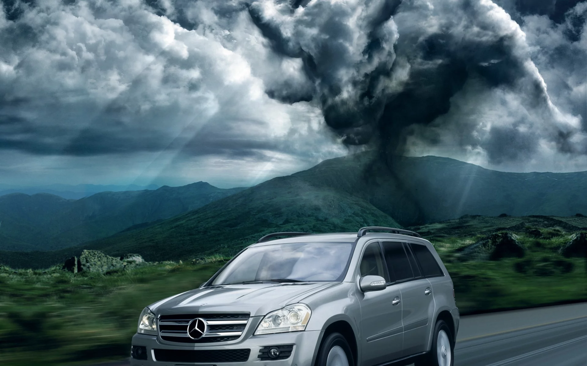 ураган, mercesed, небо, дорога, буйвол, трасса, страх, скорость