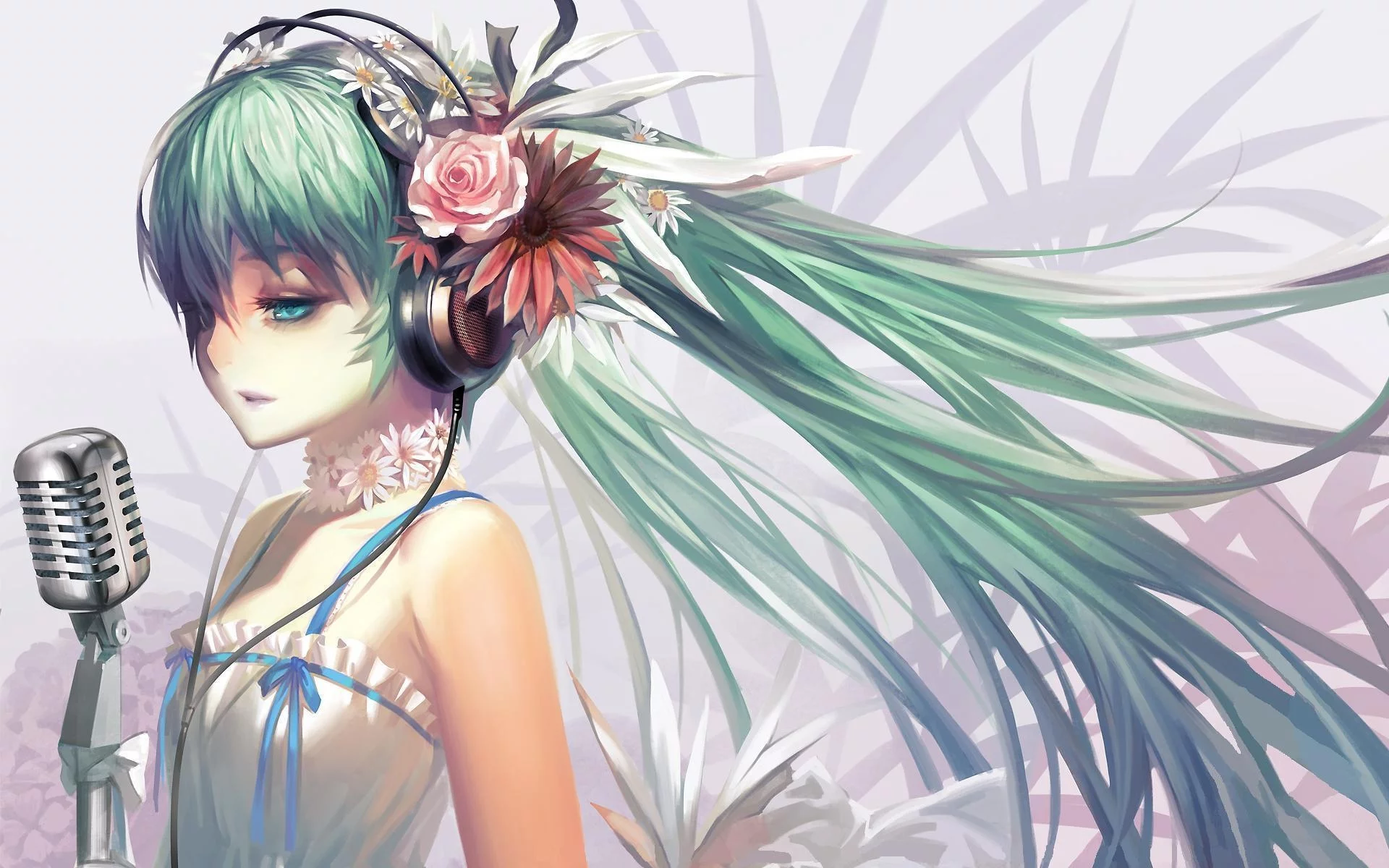 вокалоид, vocaloid, наушники, цветы, микрофон, hatsune miku, лента