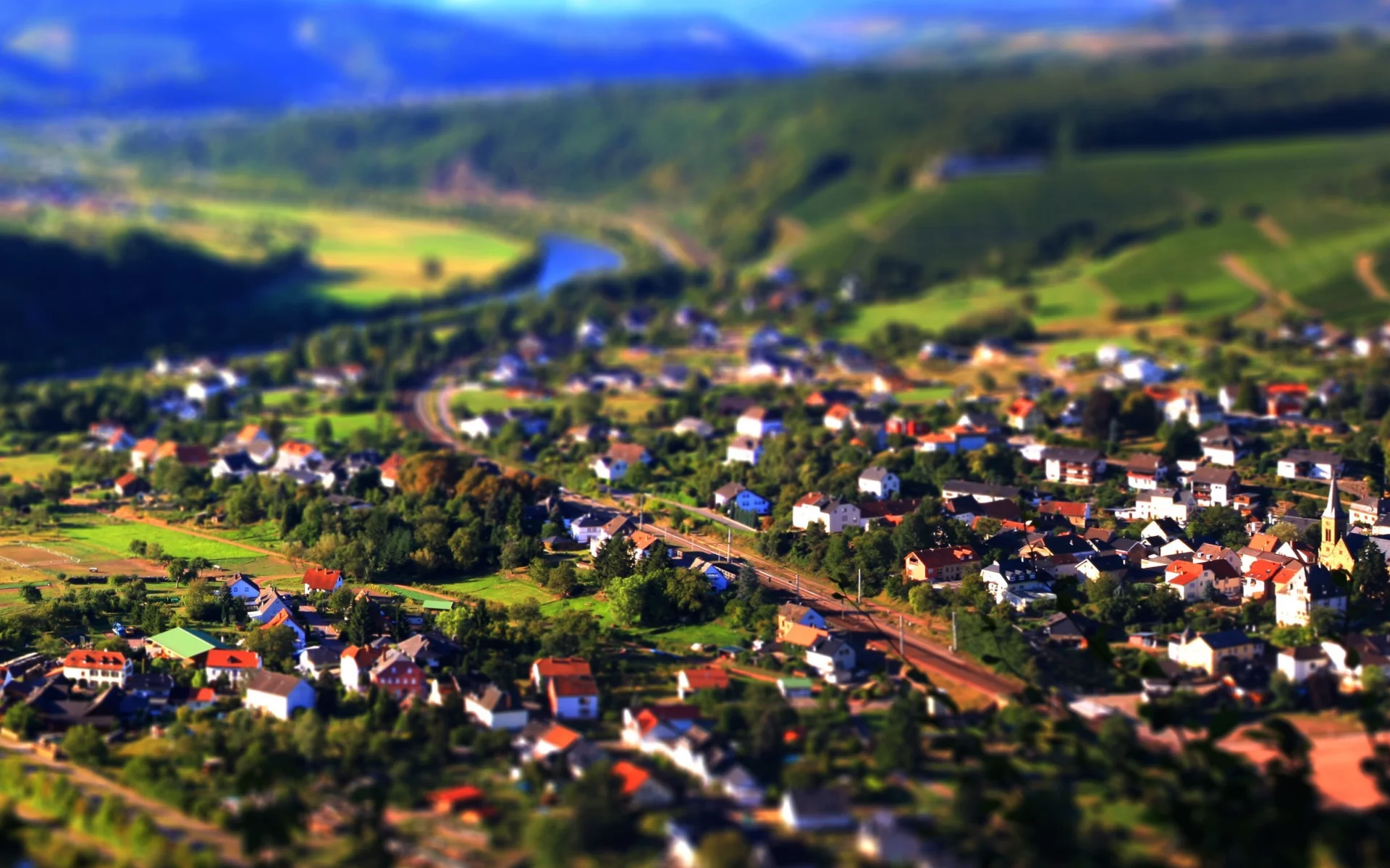 река, вид, холмы, горы, панорама, долина, tilt-shift, пейзаж, город, дома