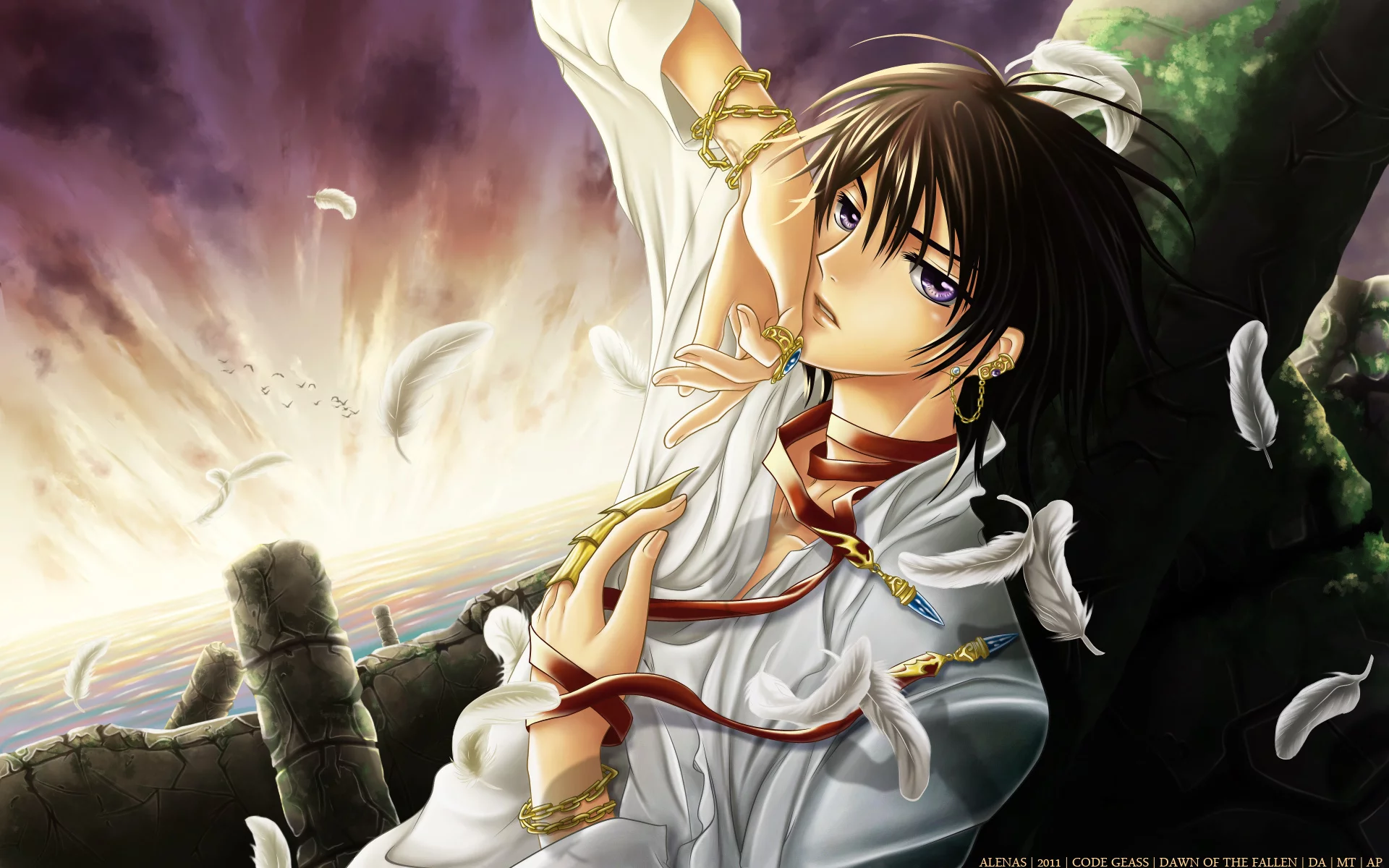 аниме, парень, code geass, море