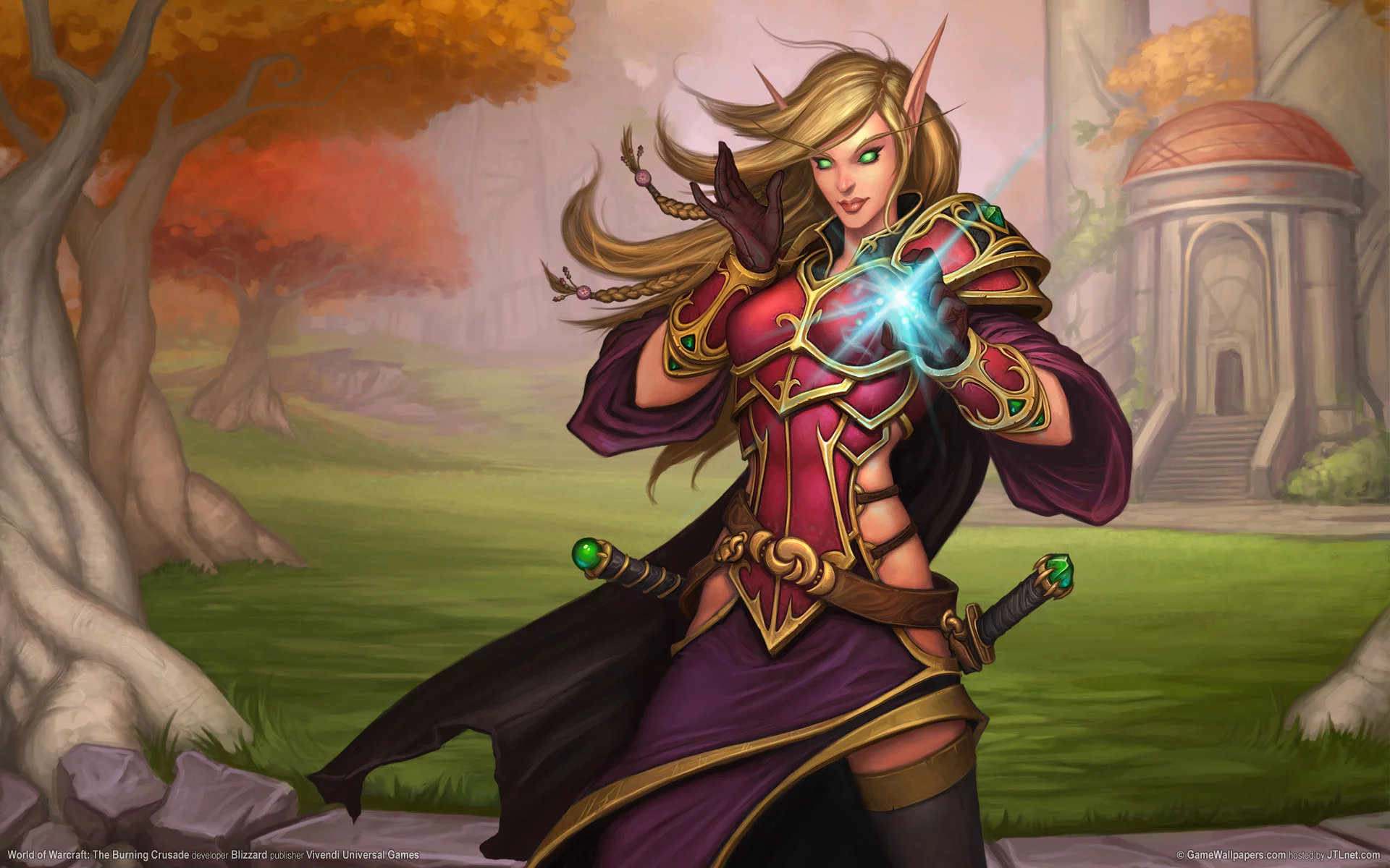 меч, эльфийка, the burning crusade, деревья, уши, беседка, эльф, оружие, магия, world of warcraft, пейзаж