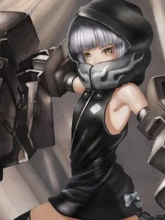 black rock shooter, yuu, металл, хвост, оружие, руки, девочка, капюшон