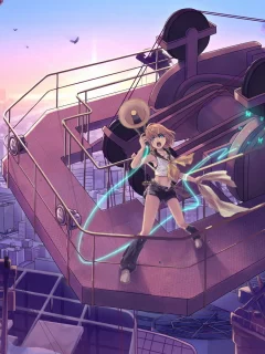 башенный, рупор, девушка, vocaloid, город, бабочки, кран