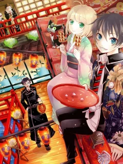 ao no exorcist, кимоно, фонари, синий экзорцист, тарелка, сладости