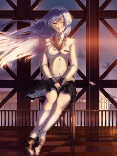 девушка, angel beats, длинные волосы, sunset, закат, крыша