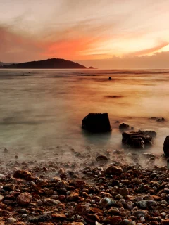 камни, закат, небо, море