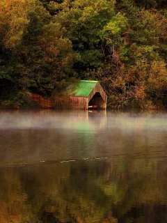 природа, гараж, река, осень, озеро, на воде