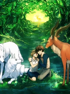 арт, mononoke hime, ashitaka, yuumei, островок, вода, лес, принцесса мононоке, san, парень, девушка, пруд, волки, олень