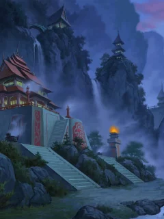 jade dynasty, туман, город, вечер, лестница, мост, горы