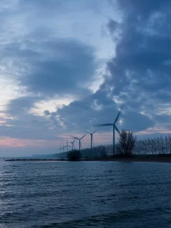 мельницы, пейзаж, море, вечер