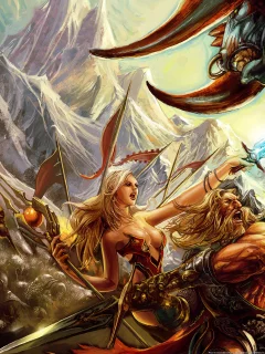 воин, против, волшебница, с мечом, runes of magic, монстра