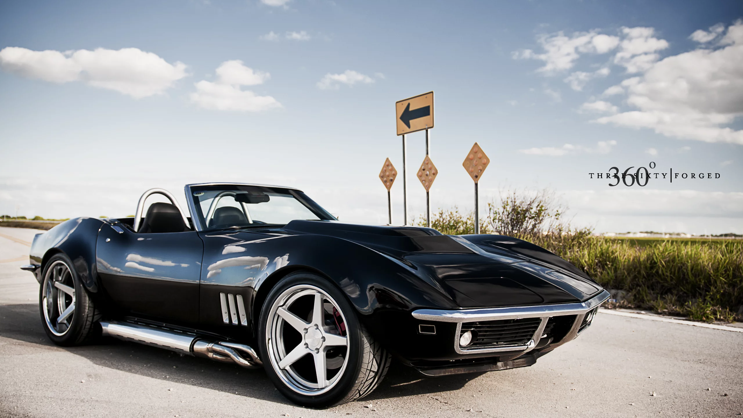 передняя часть, небо, c3, black, corvette, chevrolet, чёрный, дорожный знак, облака, шевроле, корвет, 360 three sixty forged