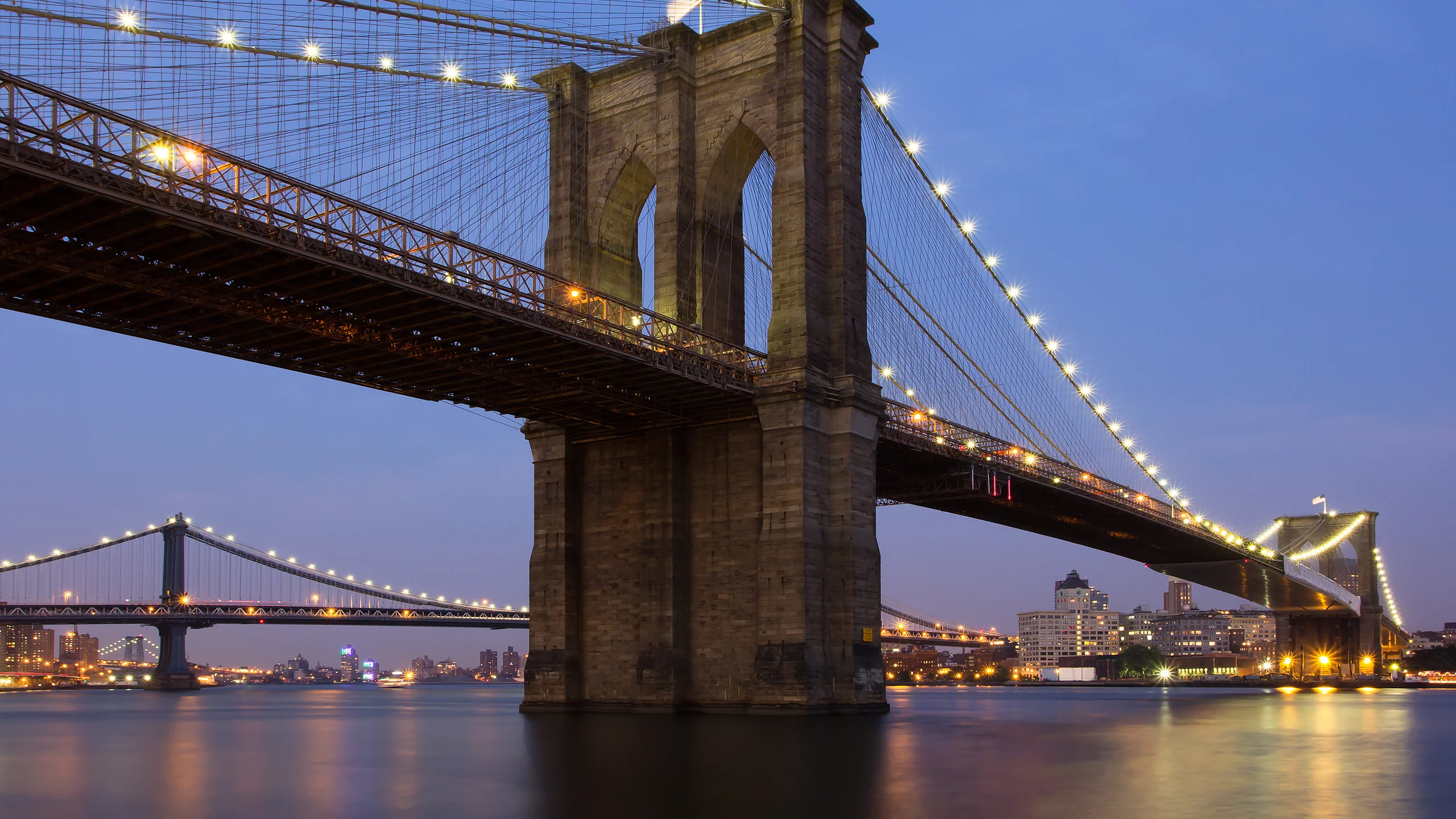 бруклин, вода, манхеттен, нью-йорк, бруклинский мост, мост, brooklyn bridge, new york, огни, manhattan