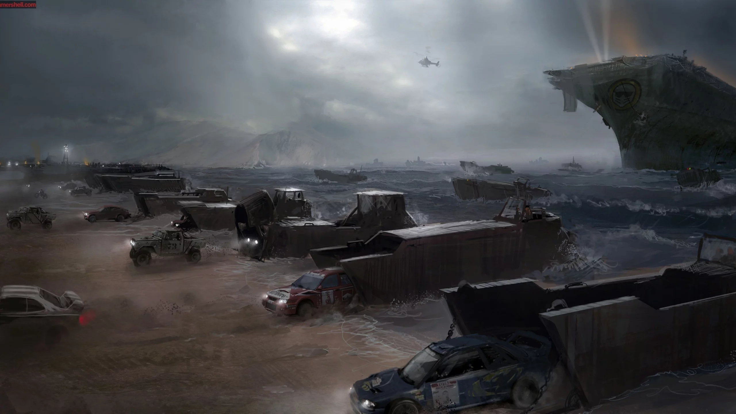 машины, авианосец, вертолет, побережье, море, apocalypse, motorstorm