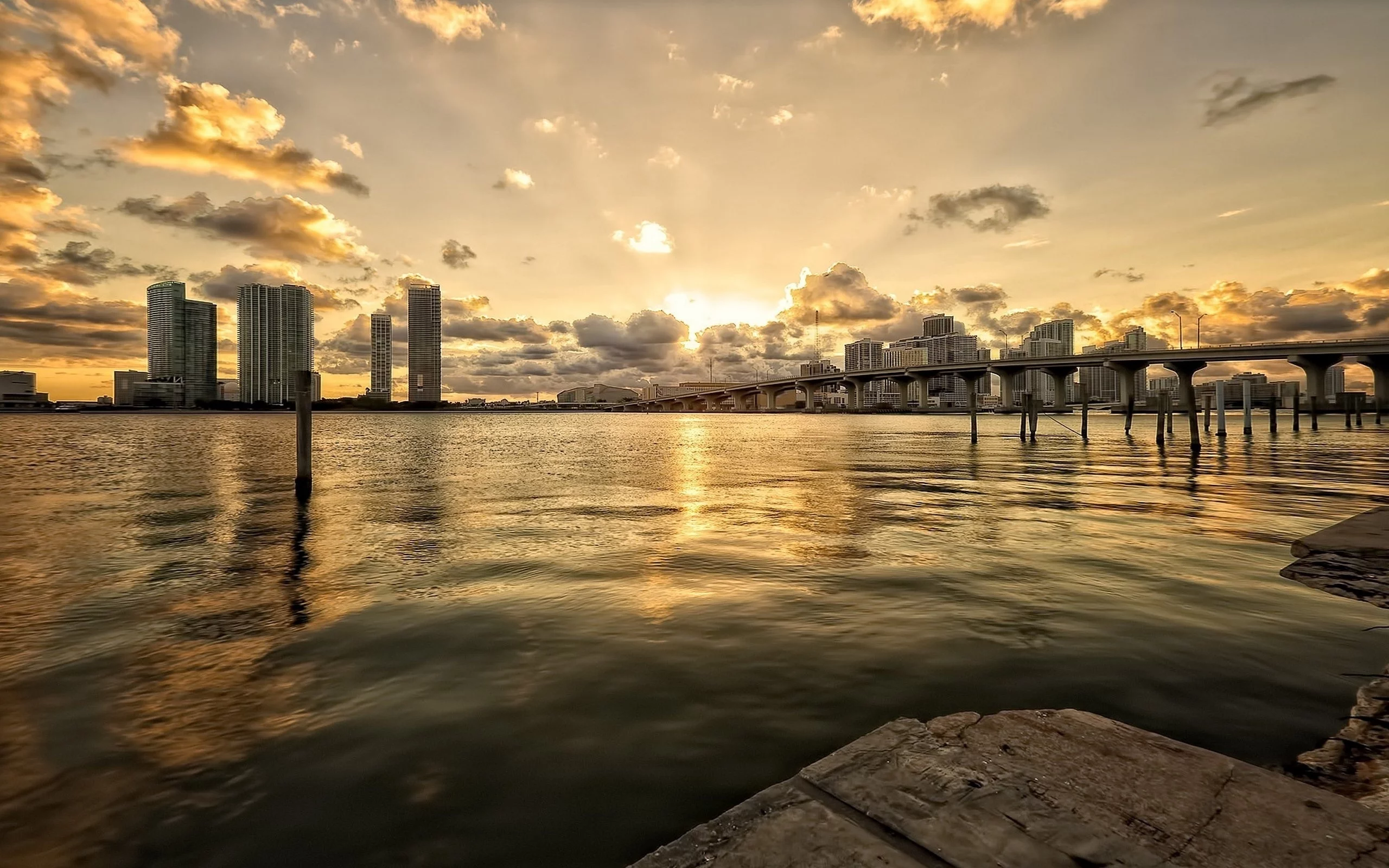 река, майами, мост, вечер, дома, miami, город, облака, здания, закат