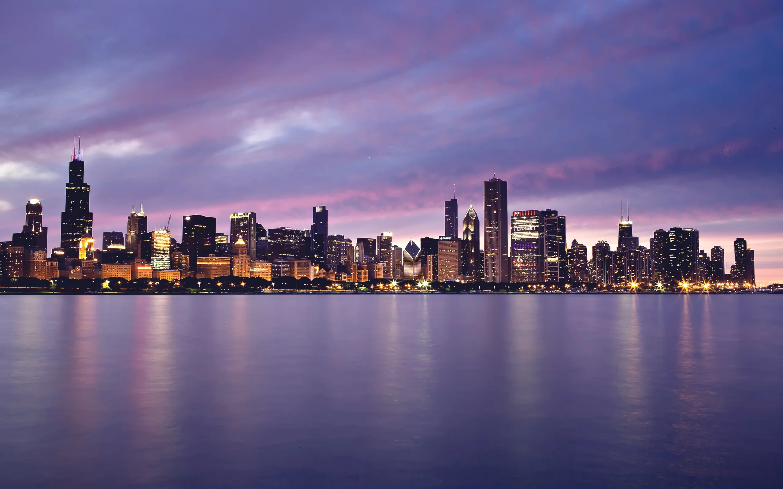 закат, небоскрёбы, здания, chicago, огни