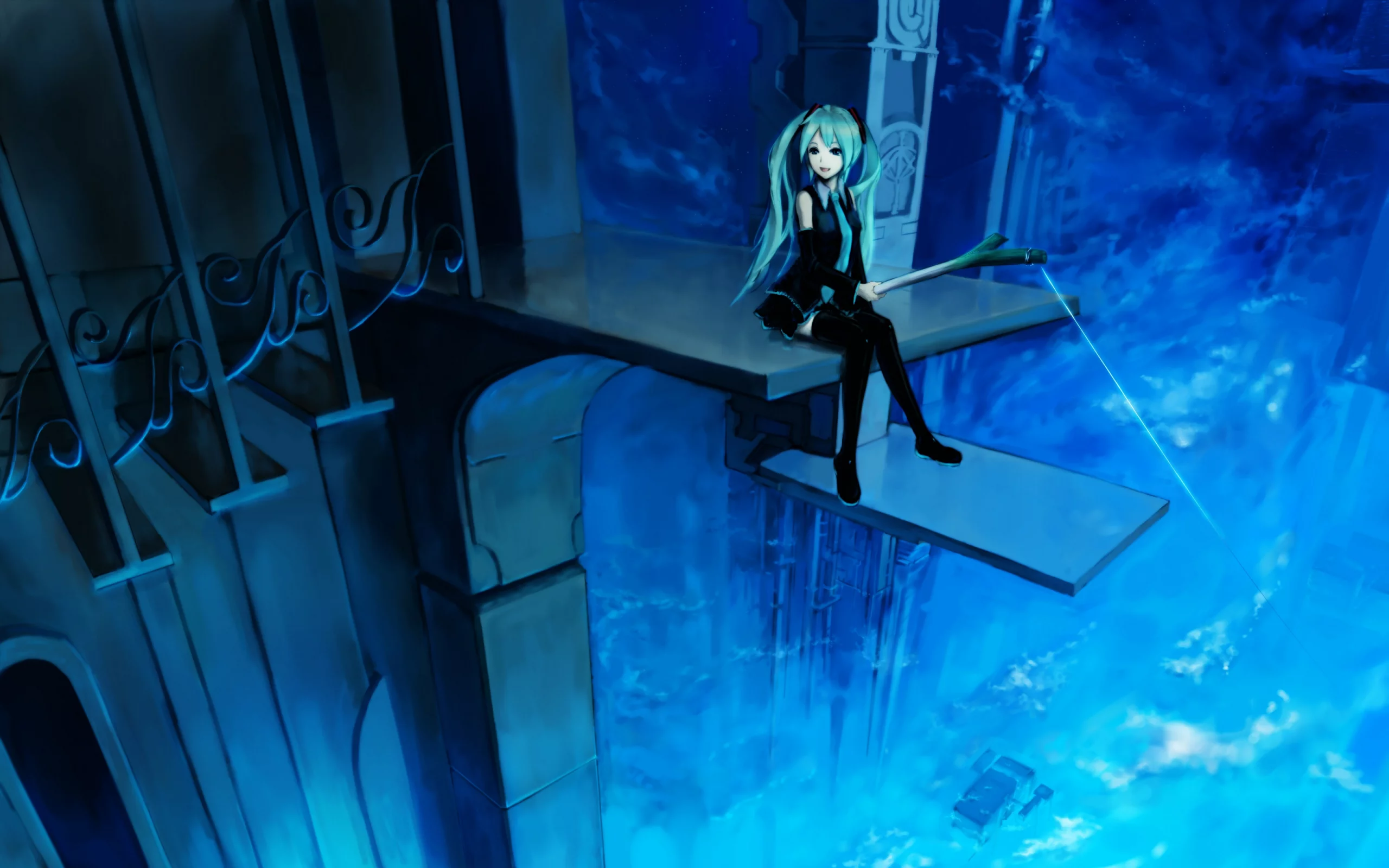 удочка, hatsune miku, улыбка, vocaloid, лестница, высота, девушка