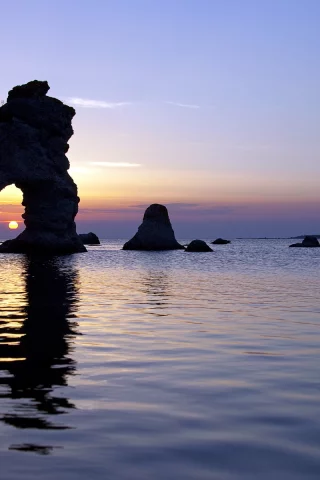 закат, морской пейзаж, скалы, арка, море