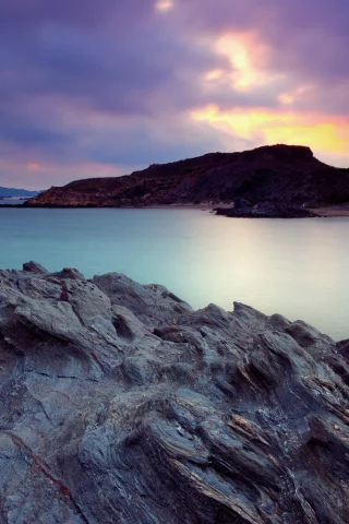 море, закат, камень, скалы, небо
