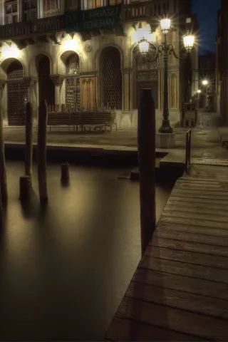 улица, вода, ночь, фонарь, венеция