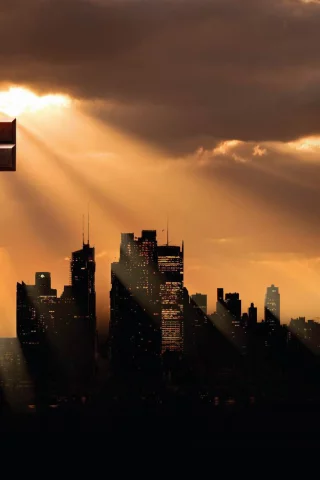 небоскребы, креатив, город, тетрис, солнечные лучи