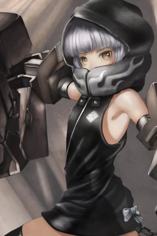 black rock shooter, yuu, металл, хвост, оружие, руки, девочка, капюшон