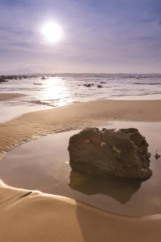 камни, песок, солнце, берег, закат, море