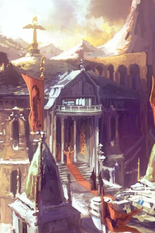 арт, сооружение, крепость, горы, фантастика, mountain citadel, цитадель, by peteamachree, флаги