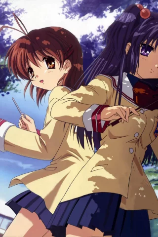 школа, деревья, глаза, аниме, юбка, темные волосы, anime, кланнад, синие волосы, девочки, clannad, улыбка, скрипка, обои, музыкант