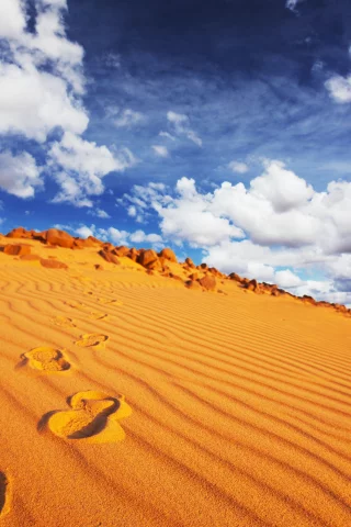 следы, vestige, облака, африка, отпечаток, синее, africa, footmark on sand, небо, пустыня, песок