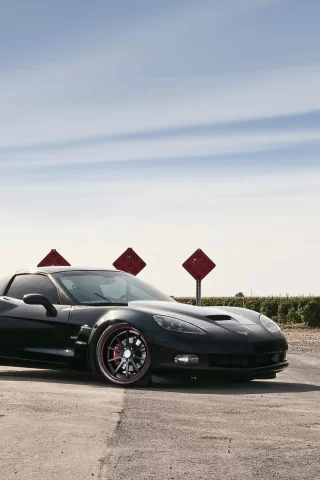 шевроле, z06, 360 three sixty forged, chevrolet, чёрный, corvette, black, передняя часть, корвет, дорожный знак