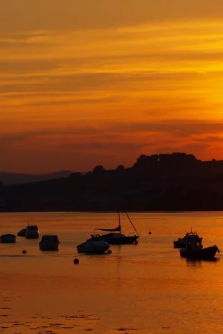 море, закат, лодки, вода