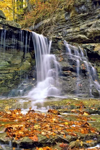 осень, водопад, листья