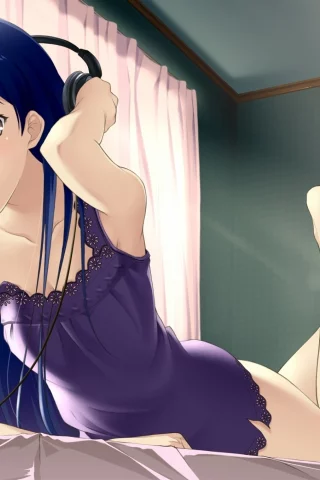idolmaster, лежит, мороженое, кровать, chibi, девушка, kisaragi chihaya, наушники
