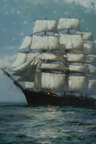 звёздное небо, clipper ship, штиль, звёзды, montague dawson, море, парусник, клипер, moonlit sea