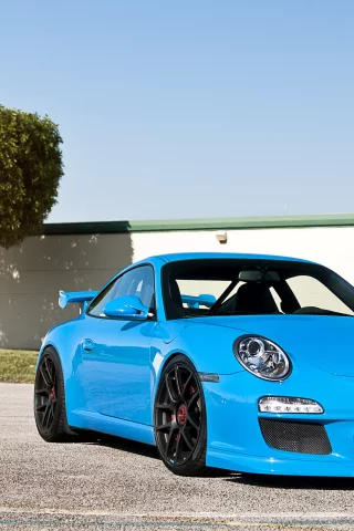 porsche 911 gt3, синий, небо, порше, дерево, забор, порш