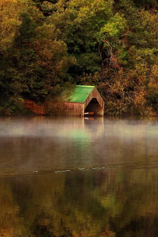 природа, гараж, река, осень, озеро, на воде