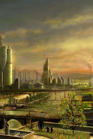 miyahara shuta, город, река, мост, руины, арт, люди