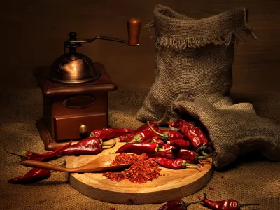 красный, мешки, стрючки, перц, чили, натюрморт, мешковина, горький