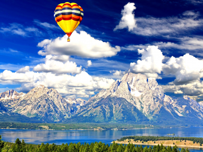 grand teton national park, вайоминг, пейзаж, путешествие, air-balloon, воздушный шар, красочный, скалистые, водоём, usa, облака, америка, горы, небо