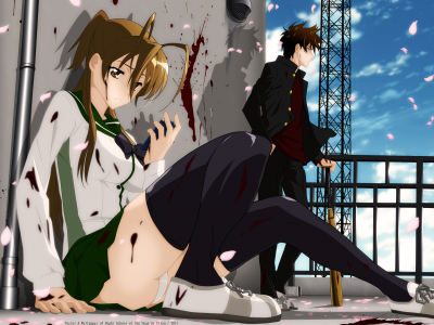 кровь, бита, highschool of the dead, miyamoto rei, komuro takashi, лепестки