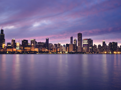 закат, небоскрёбы, здания, chicago, огни