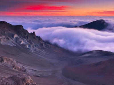 hawaii, view from haleakal__, maui, туман, горы