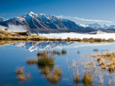 новая зеландия, утро, пейзажи, снег, отражение, горы, озеро, штиль, небо