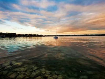 вода, берег, небо, яхта