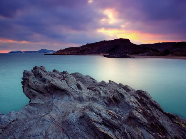море, закат, камень, скалы, небо