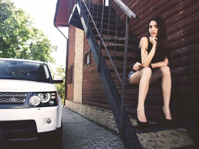 девушка, авто, land rover, брюнетка, лестница