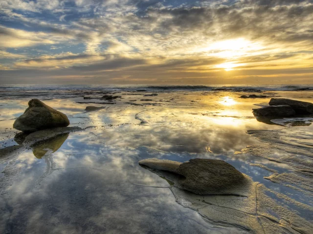 закат, берег, камни, море, вода