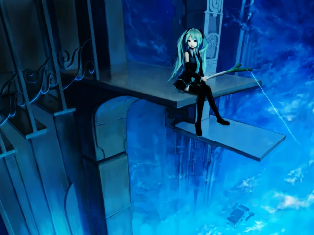 удочка, hatsune miku, улыбка, vocaloid, лестница, высота, девушка
